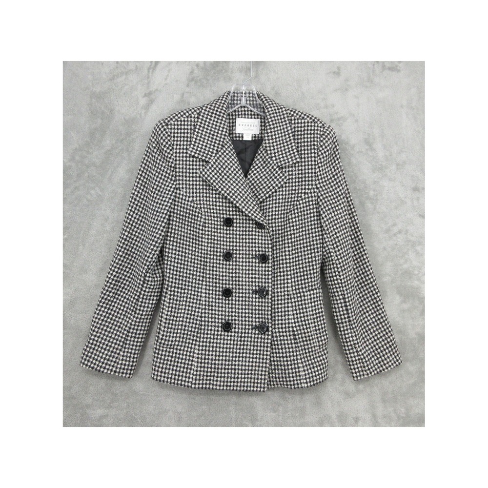 Vintage Express Jacket Women Size S Houndstooth Double Breasted Preppy 90s Black